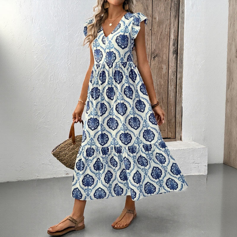 Loose-Fit Deep V-Neck Floral Print Maxi Dress - Stylish and Comfortable Women's Long Dress