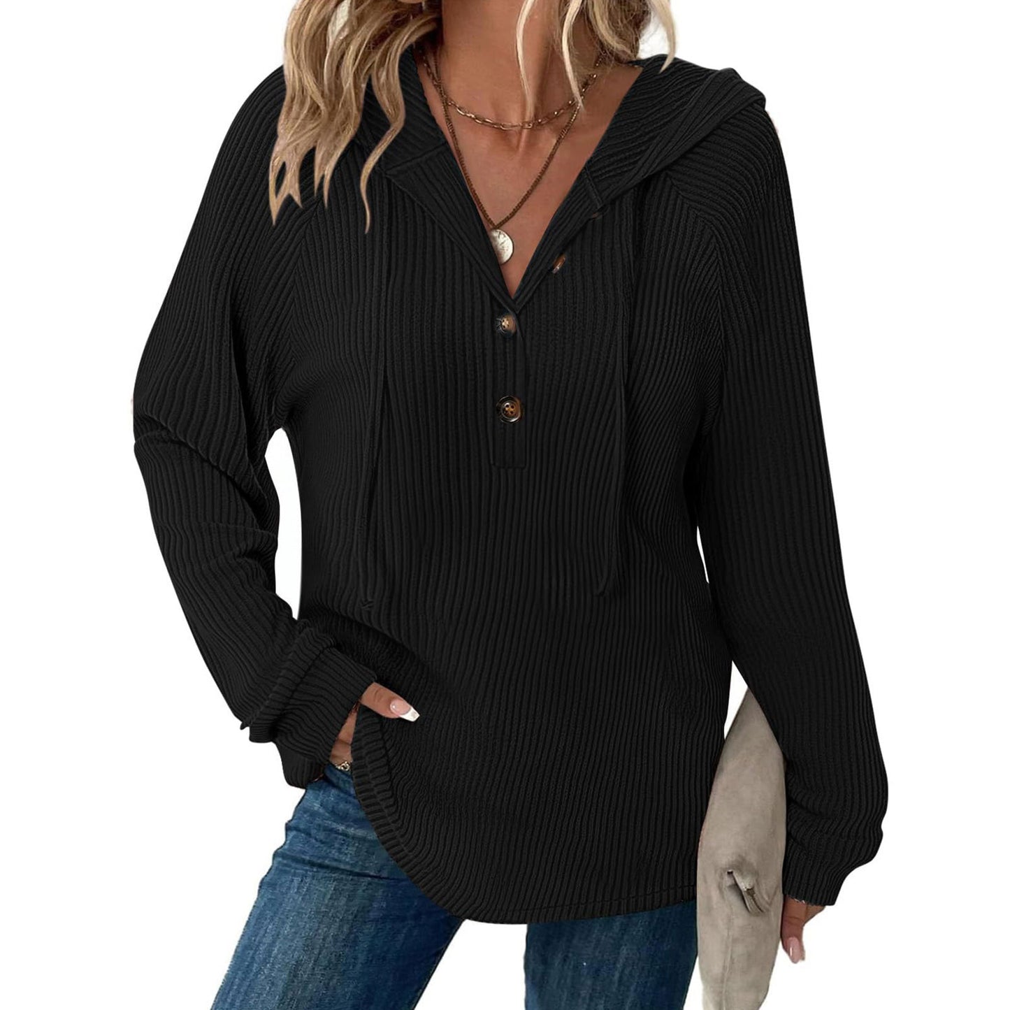 Ribbed Hooded Pullover with Button V-Neck