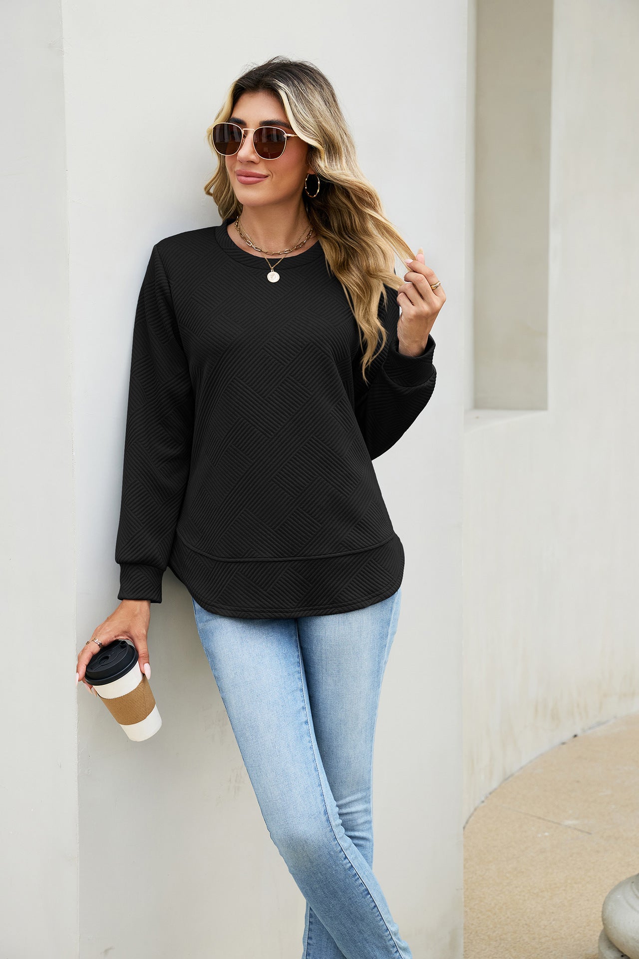Solid Textured Cotton Sweatshirt Relaxed Long Sleeve Top