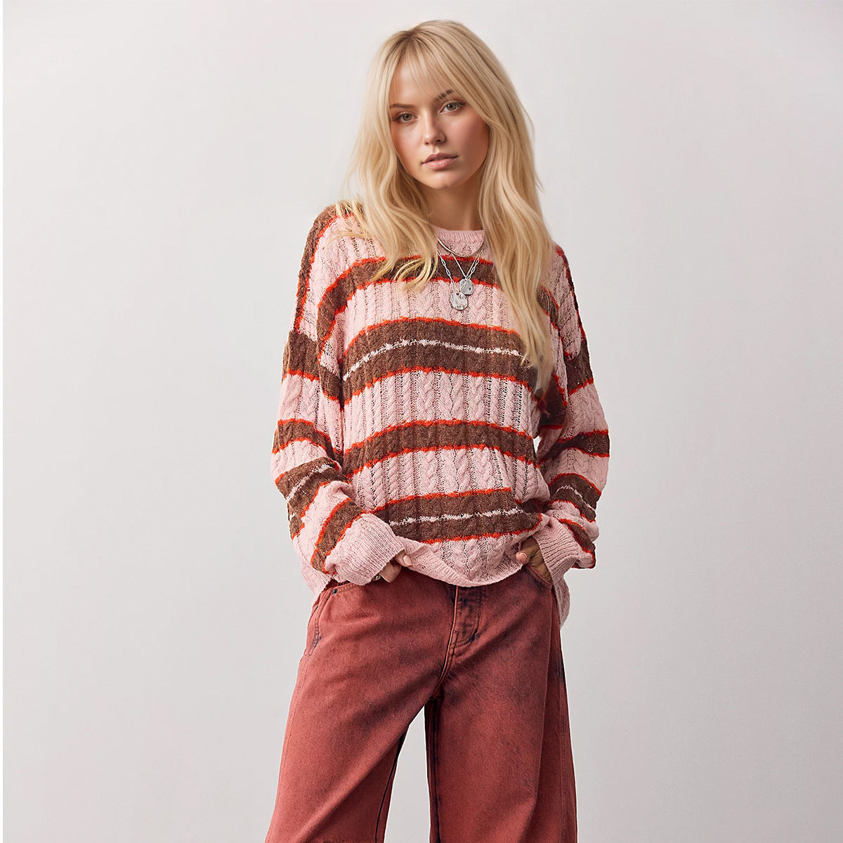 Women's Oversized Striped Cable Knit Pullover Sweater