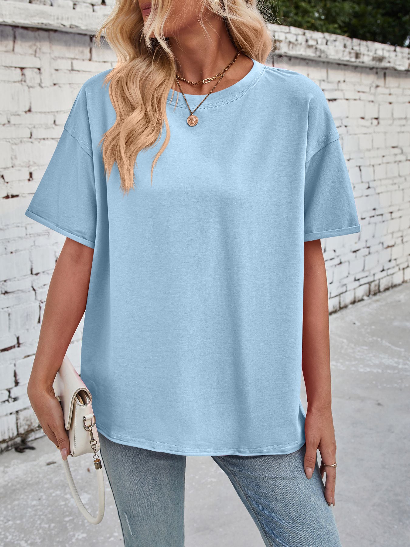 Solid Rayon T Shirt Oversized Crew neck Short Sleeve