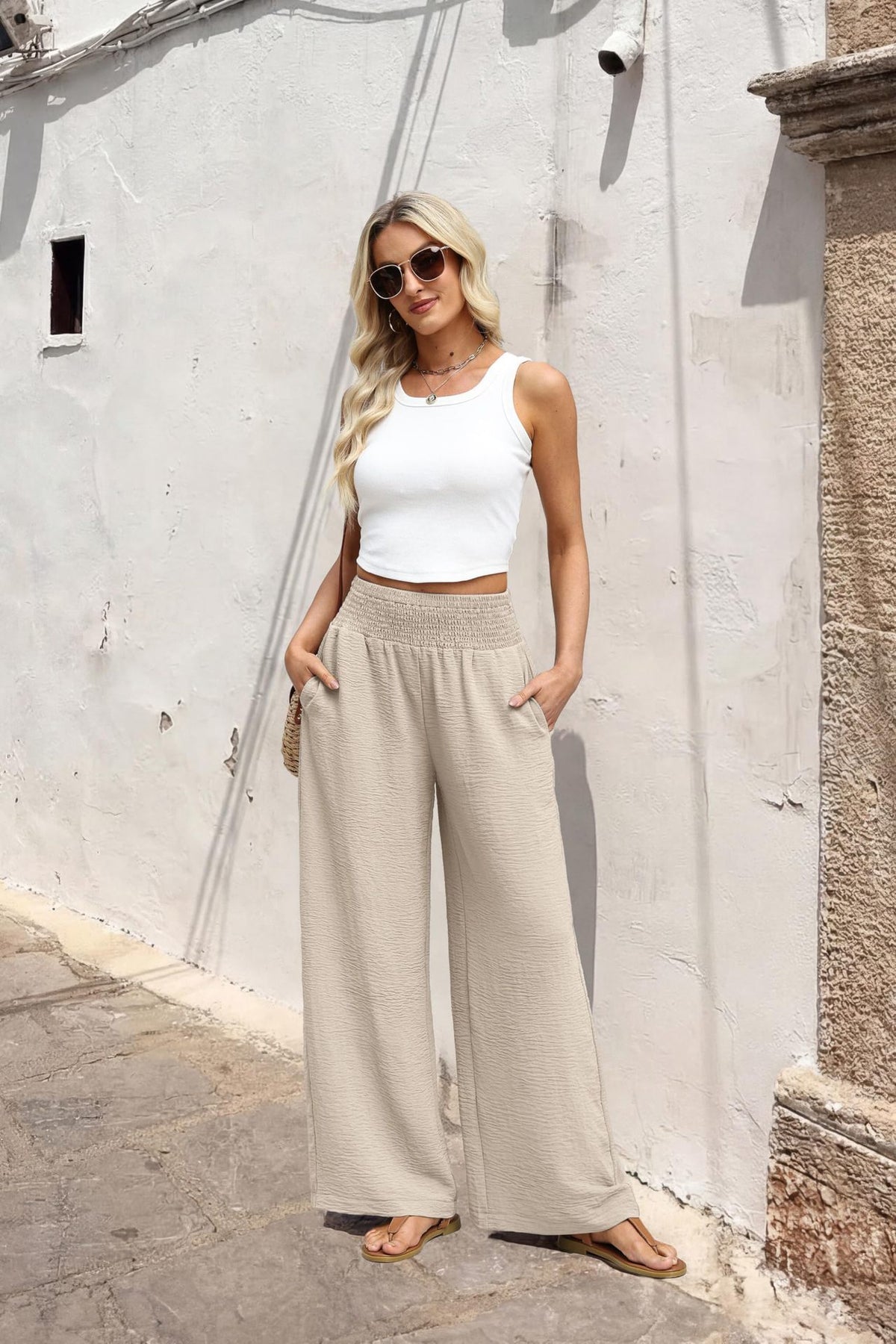 Women's High Waist Smocked Wide Leg Pants with Pockets
