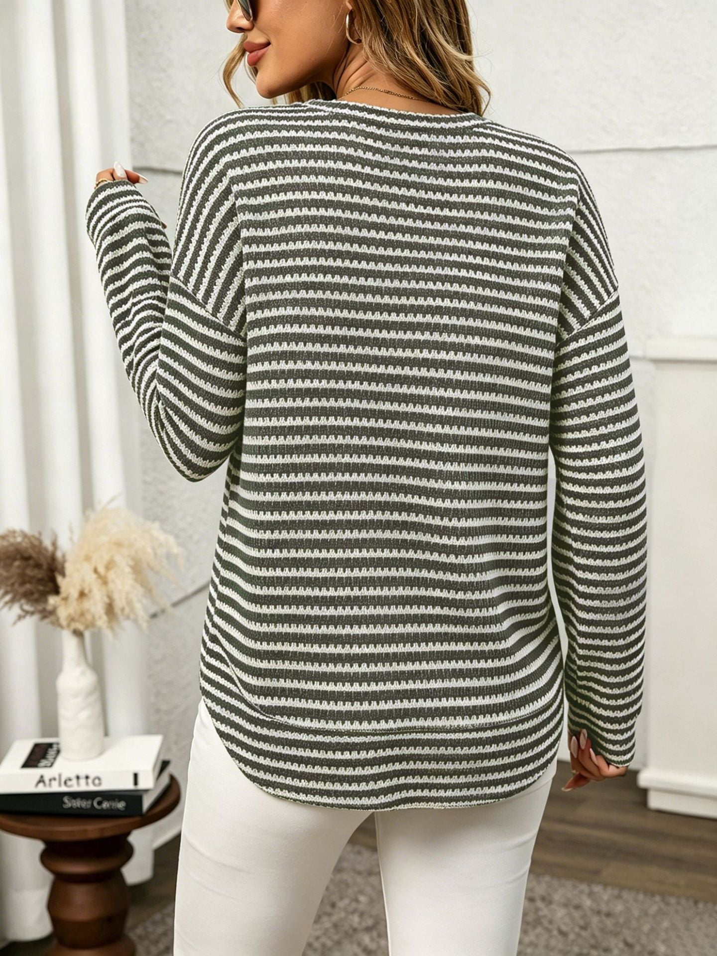 Waffle Knit Striped Long Sleeve Oversized Casual Top