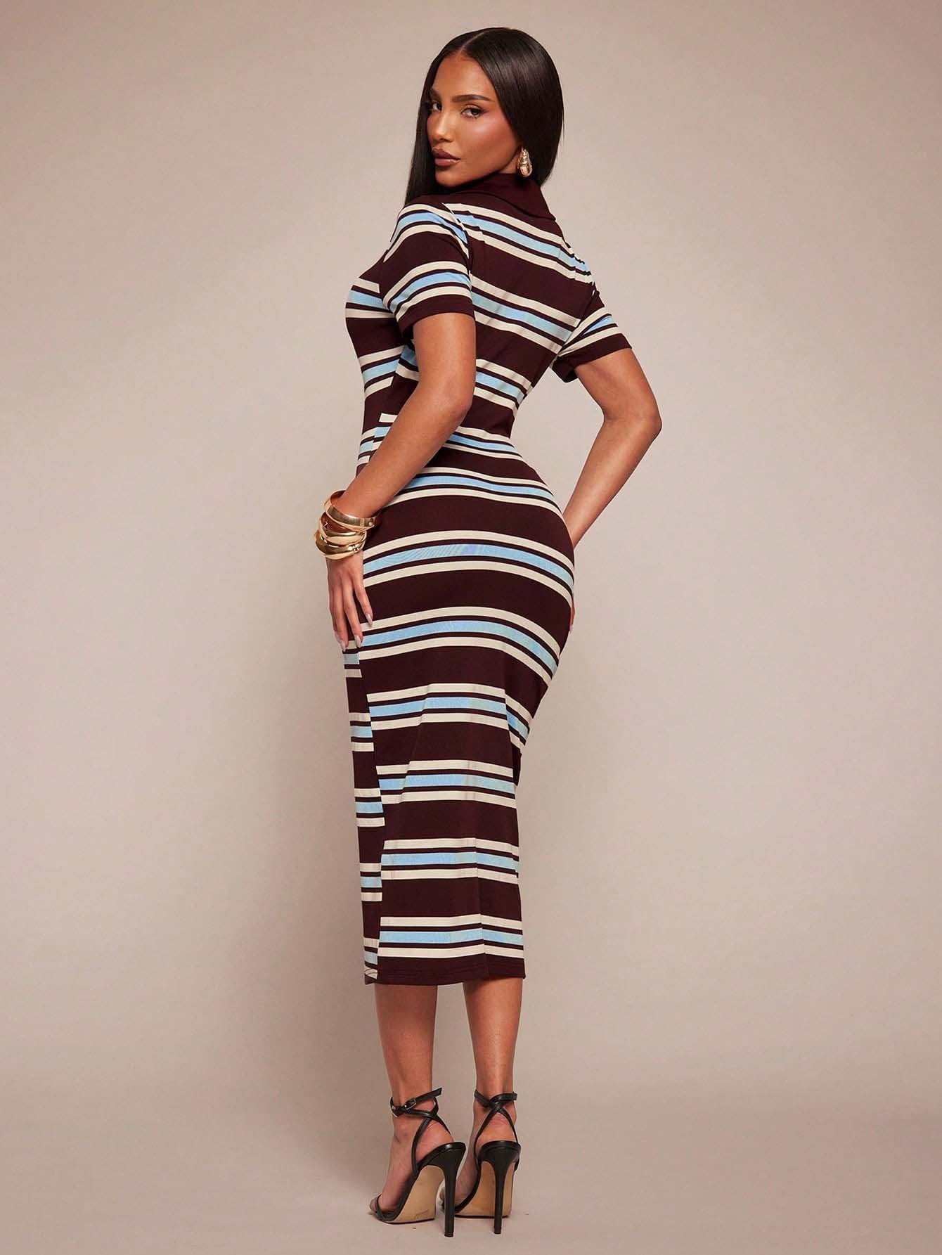 Striped Polo Collar Bodycon Midi Dress Short Sleeve Casual  Wear