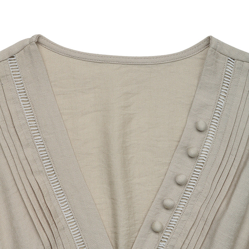 Solid Color Summer V Neck Sleeveless Midi Dress with Drawstring Waist