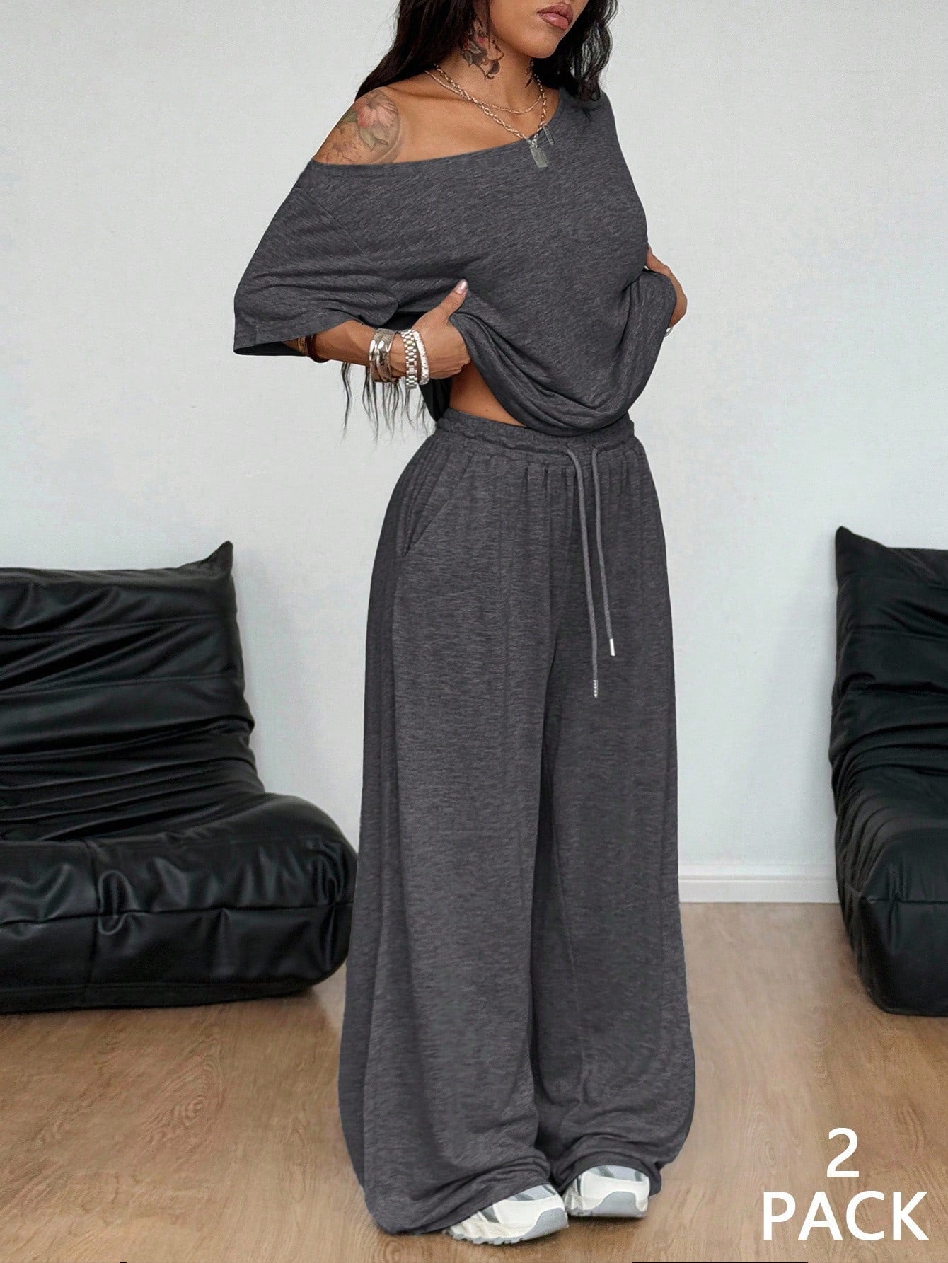 Off Shoulder Wide Leg Pants Set Casual Lounge Two Piece
