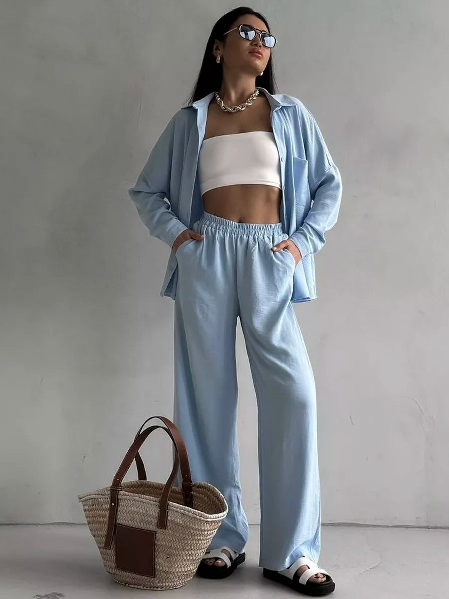 Two Piece Pants Set with Button-Down Shirt & Wide-Leg Pants