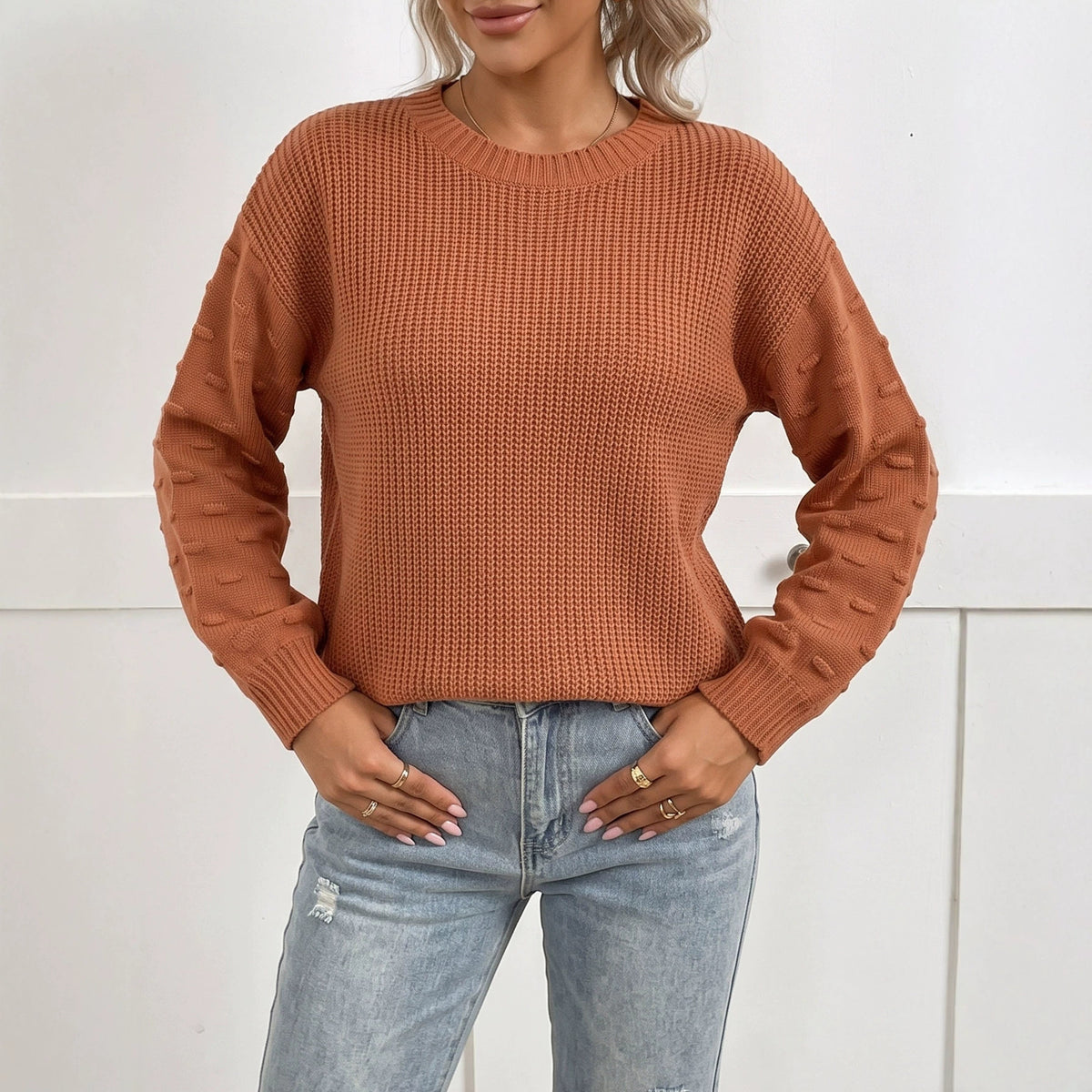 Women's Crewneck Bobble Sleeve Knit Sweater