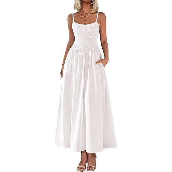 Spaghetti Strap Smocked Maxi Dress with Pockets for Summer
