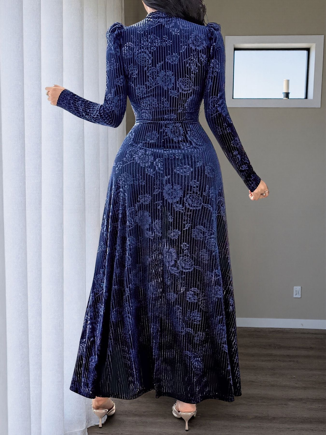 Plus Size Floral Velvet V Neck Maxi Dress