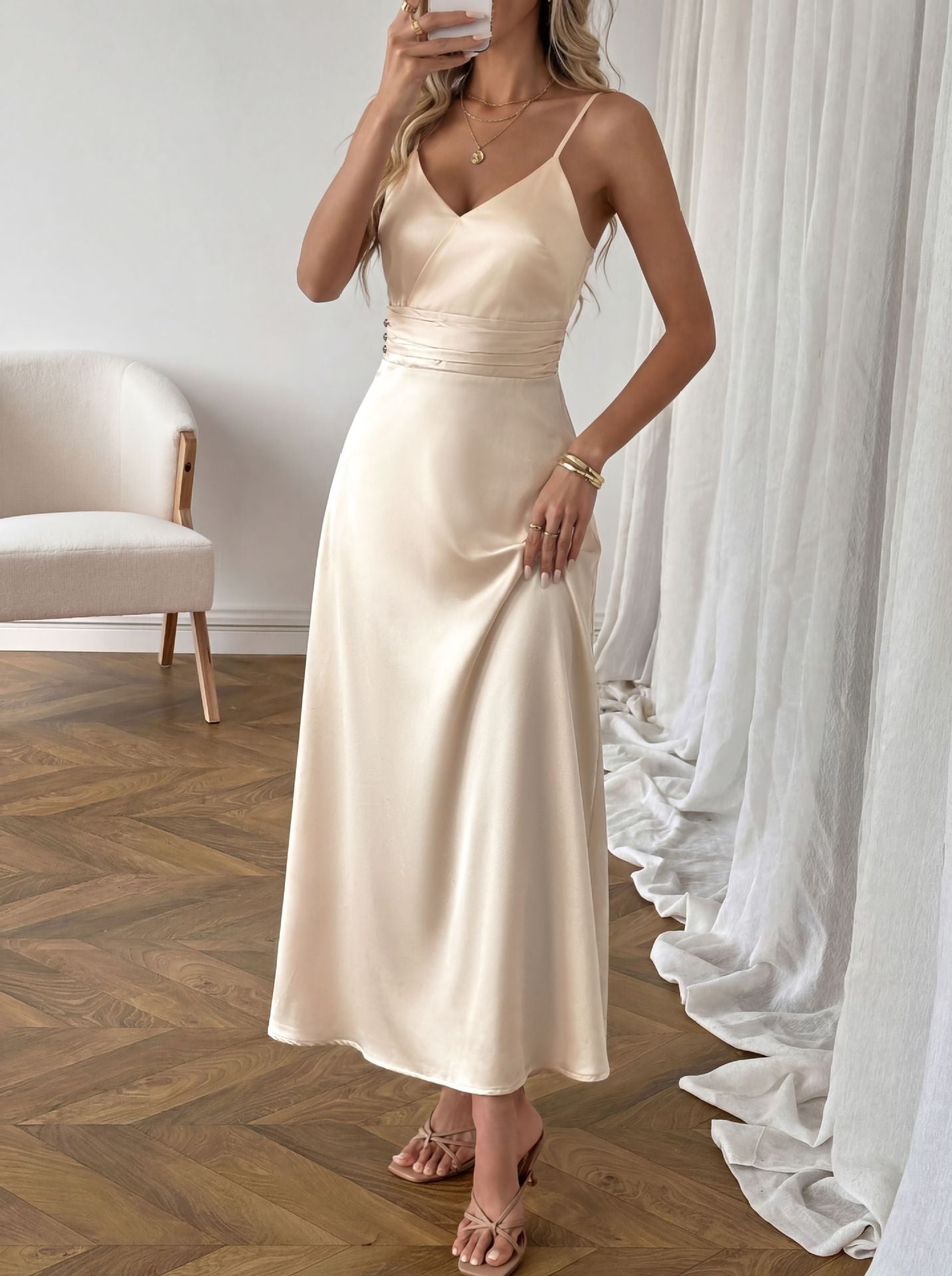 Elegant Champagne Satin V Neck Maxi Dress