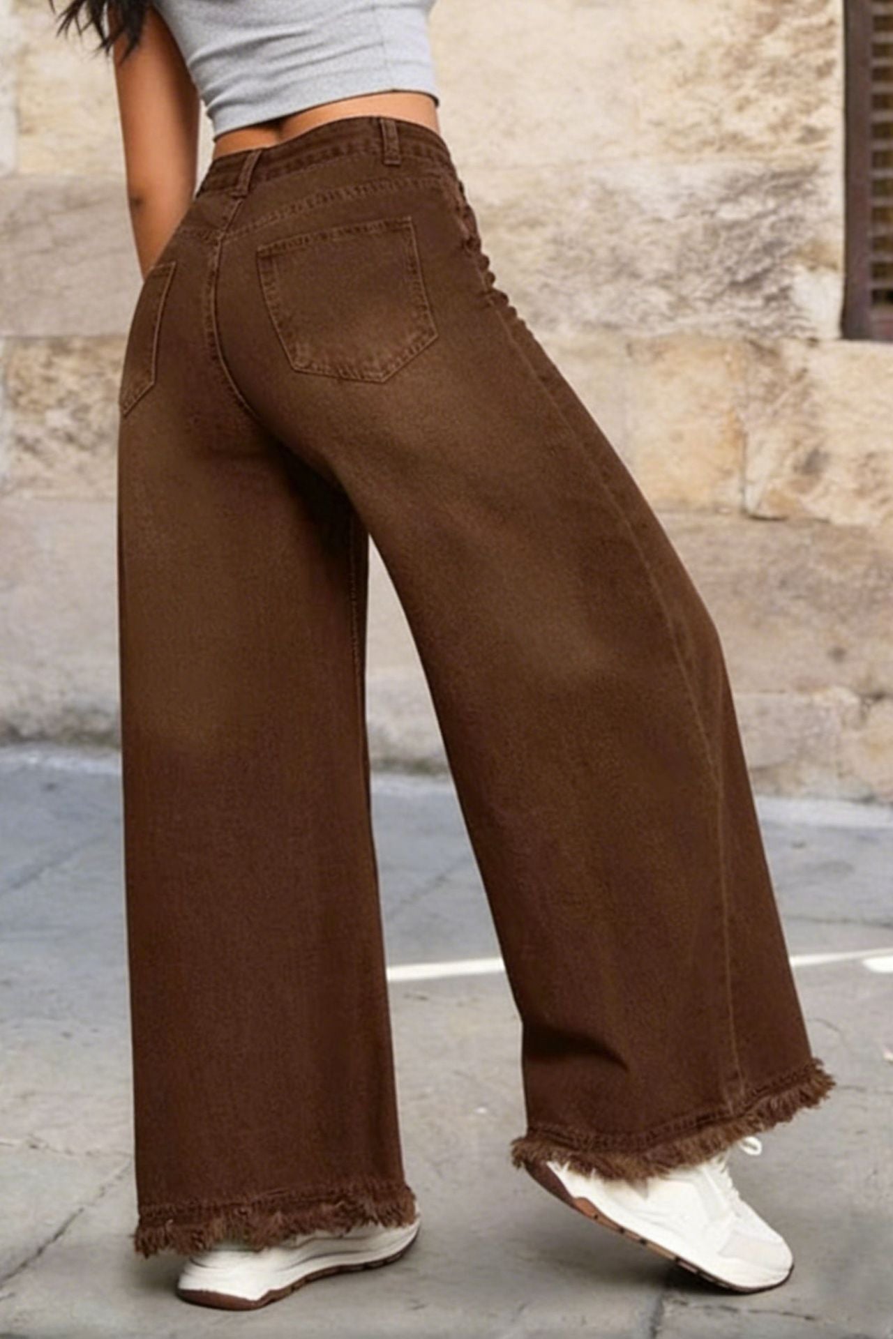 Washed Denim Jeans Vintage High Waist Wide Leg Fringe