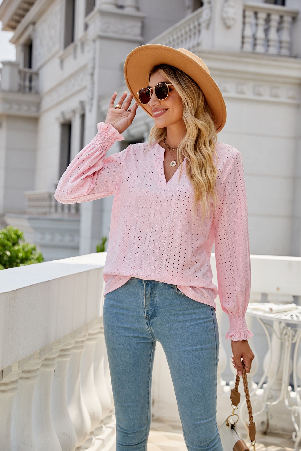 Eyelet V Neck Ruffle Sleeve Casual Long Sleeve Blouse