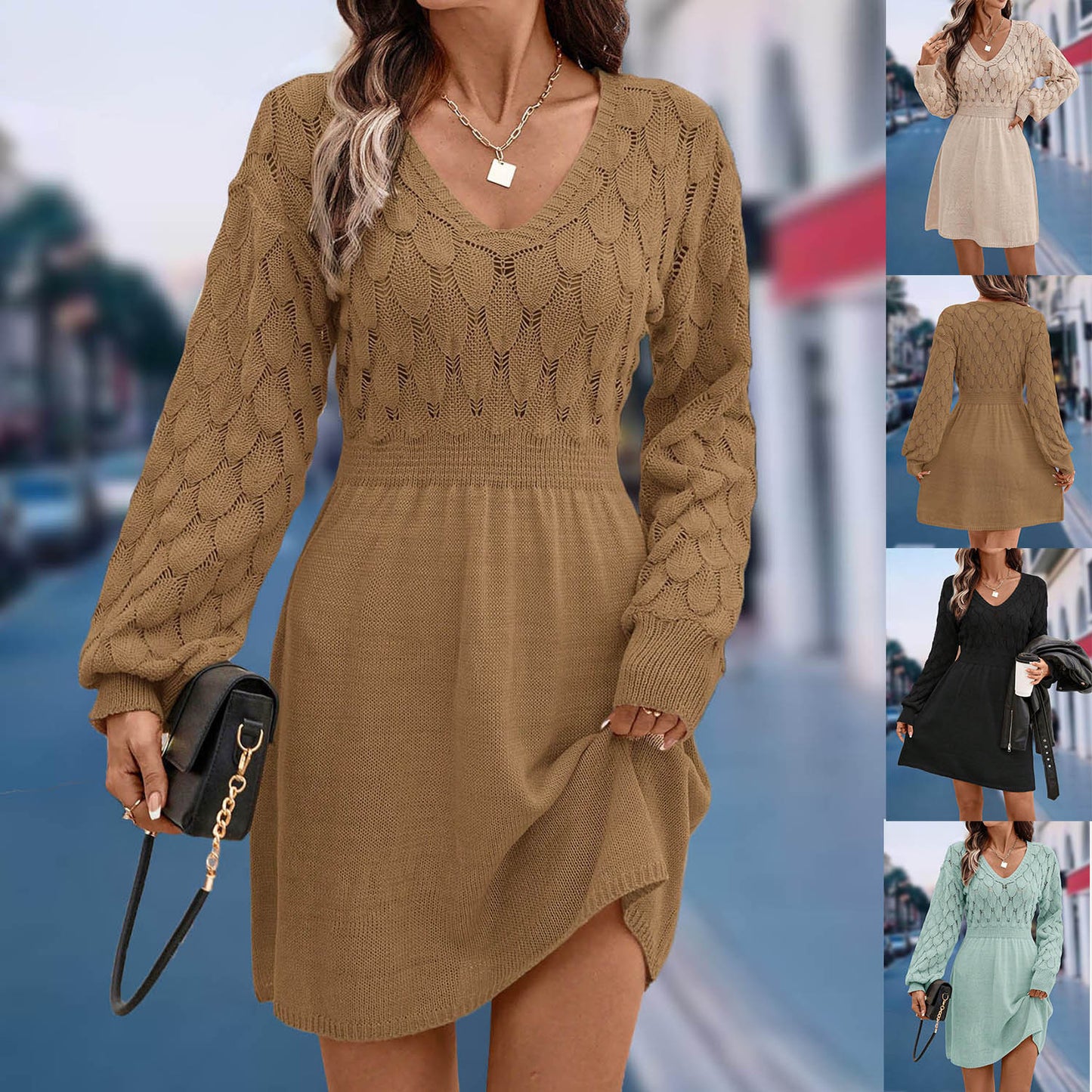 V Neck Textured Knit Sweater Dress Long Sleeve A Line