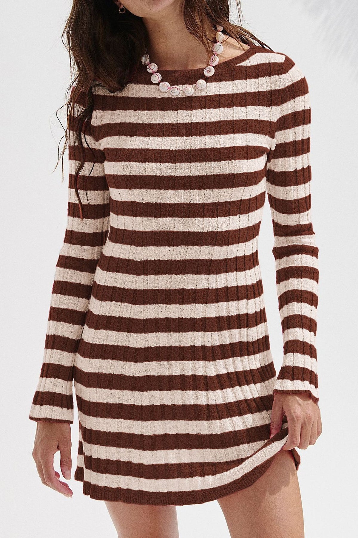 Striped Sweater Dress Long Sleeve Crew Neck Mini