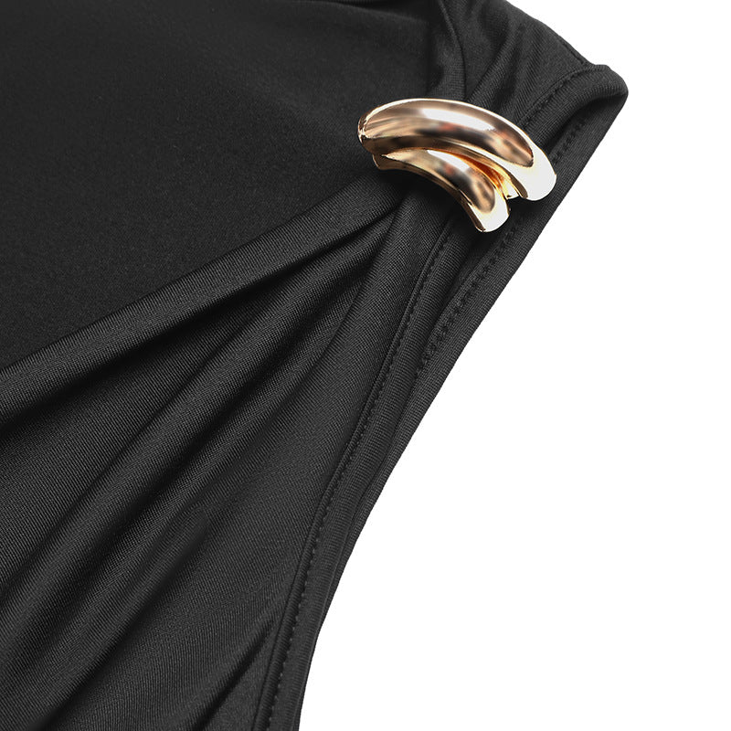 Solid Knit Bodysuit Sexy Cowl Neck Metal Strap