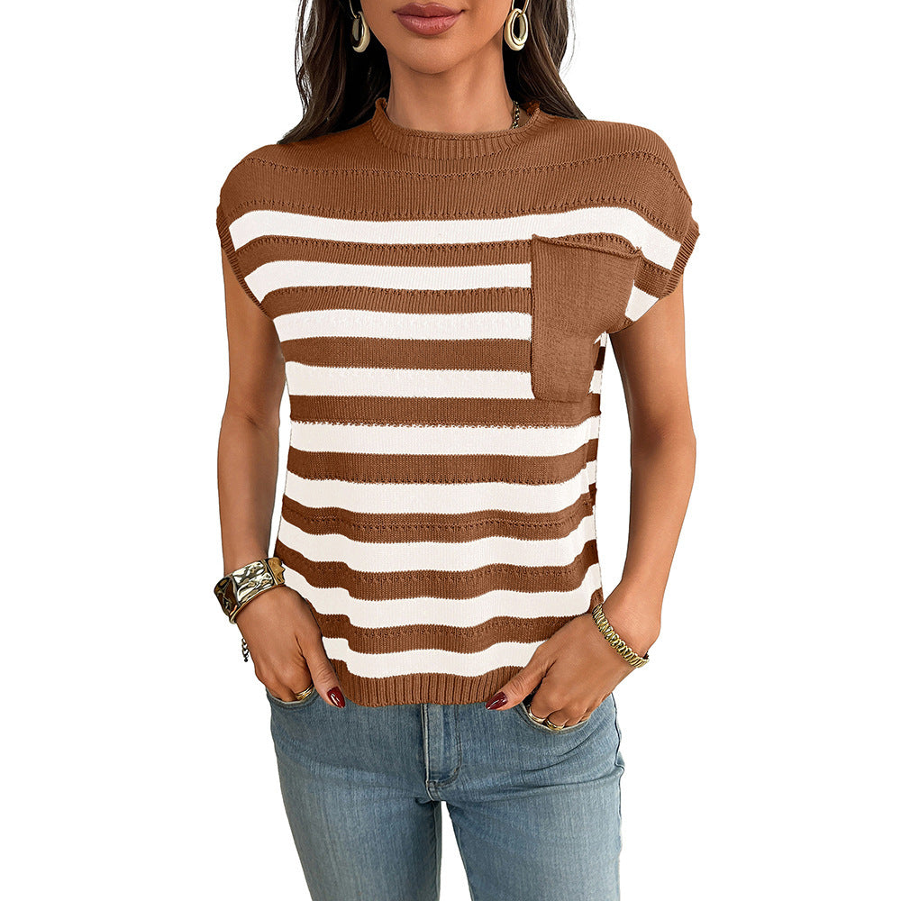 Women’s Striped Knit Top Crew Neck Sleeveless Summer Tee