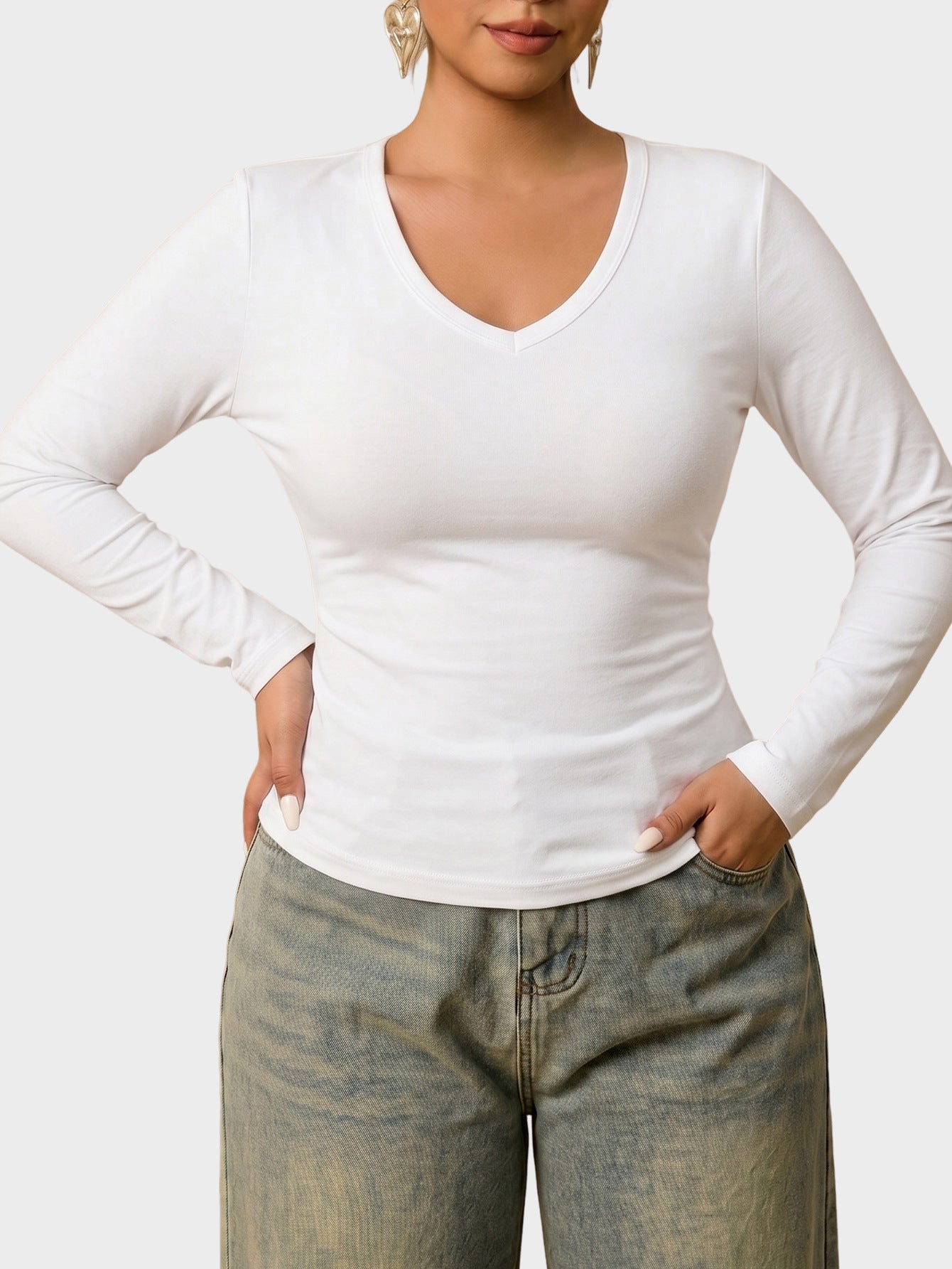 Solid Ribbed Long Sleeve Top V Neck Slim Fit Casual