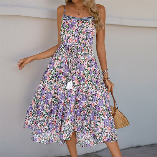 Women's Floral Print Sleeveless Ruffle Hem Halter Dresses