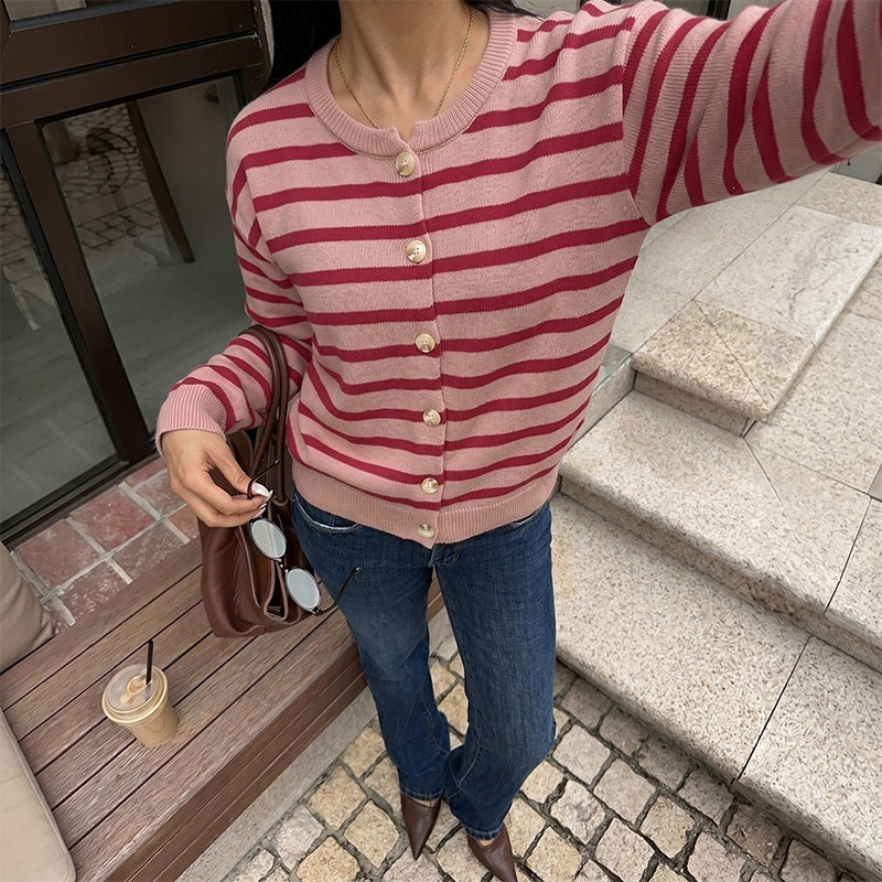 Striped Cotton Cardigan Button Front Oversized Casual Style