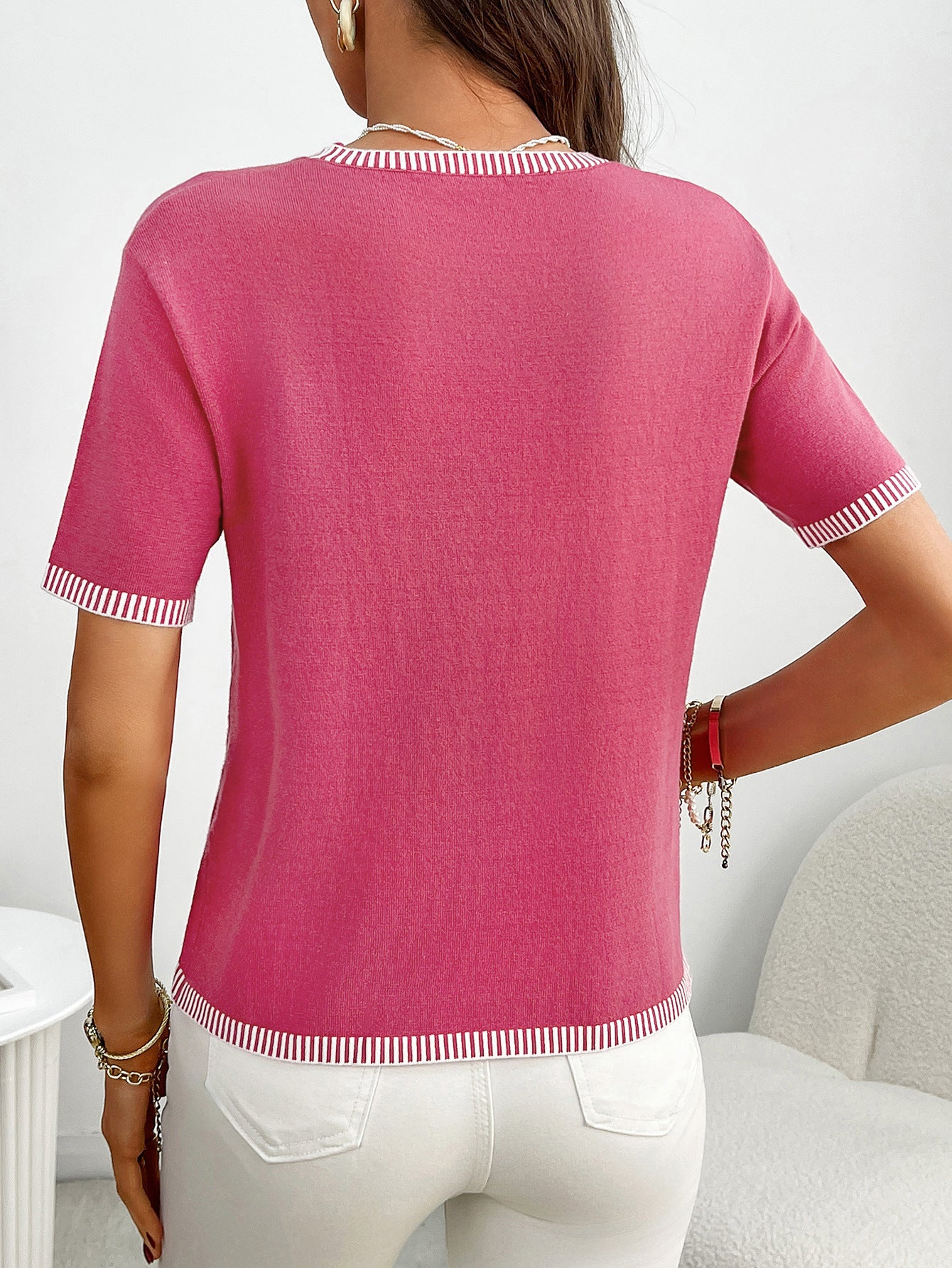 Women’s Striped Trim Short Sleeve Knit Top Pullover Tee
