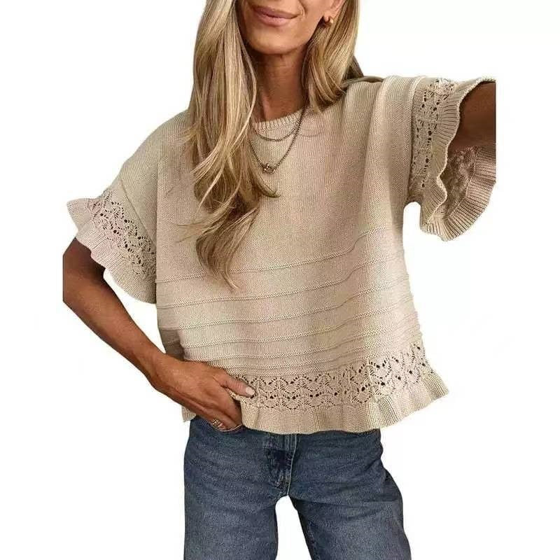 Solid Knit Top Casual Eyelet Ruffle Sleeve