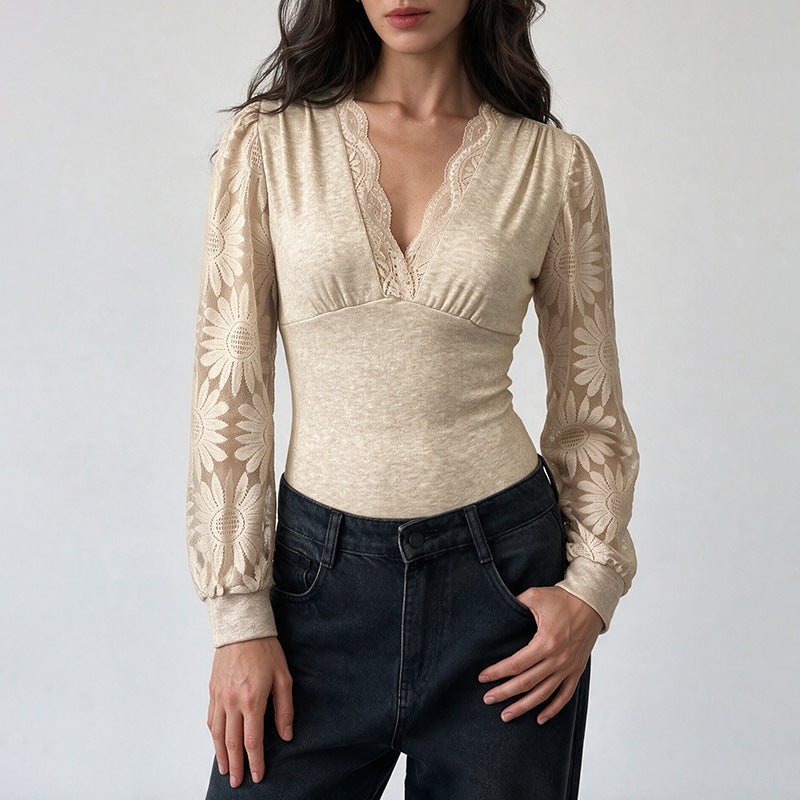 Lace Trim V Neck Knit Bodysuit Long Sleeve Top