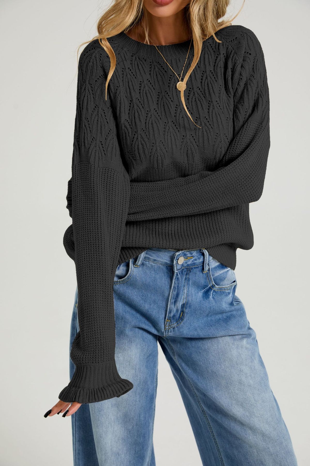 Women's Crew Neck Long Sleeve Cable Knit Pullover Sweater