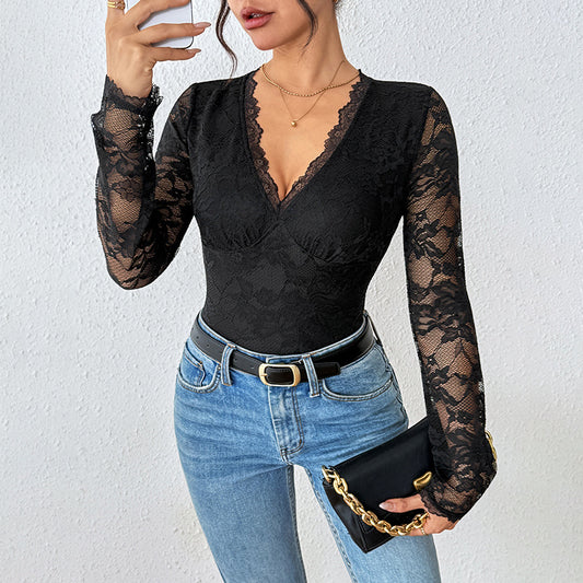 Lace Bodysuit Long Sleeve Backless Sexy Clubwear