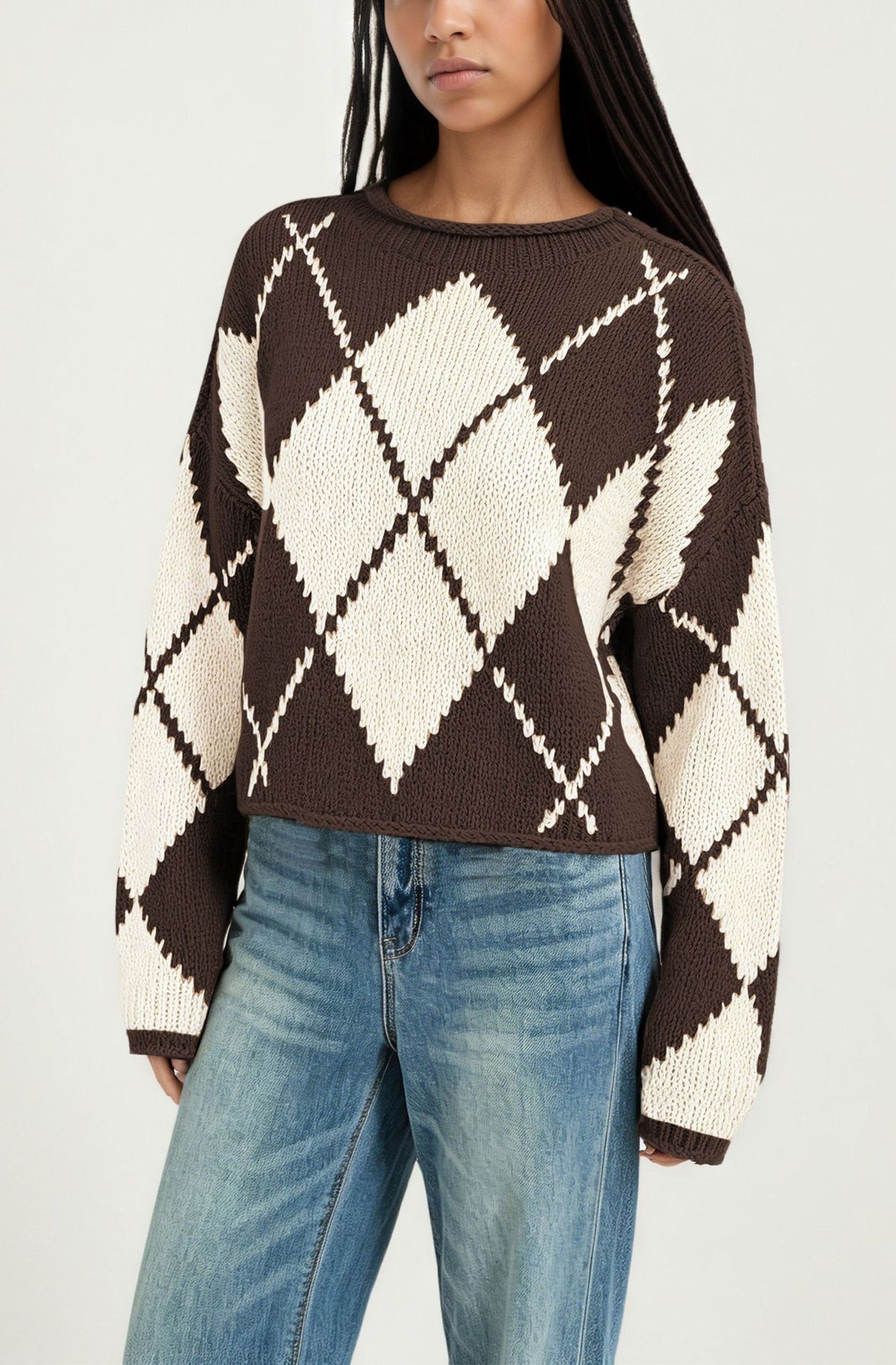 Women's Oversized Argyle Crewneck Sweater