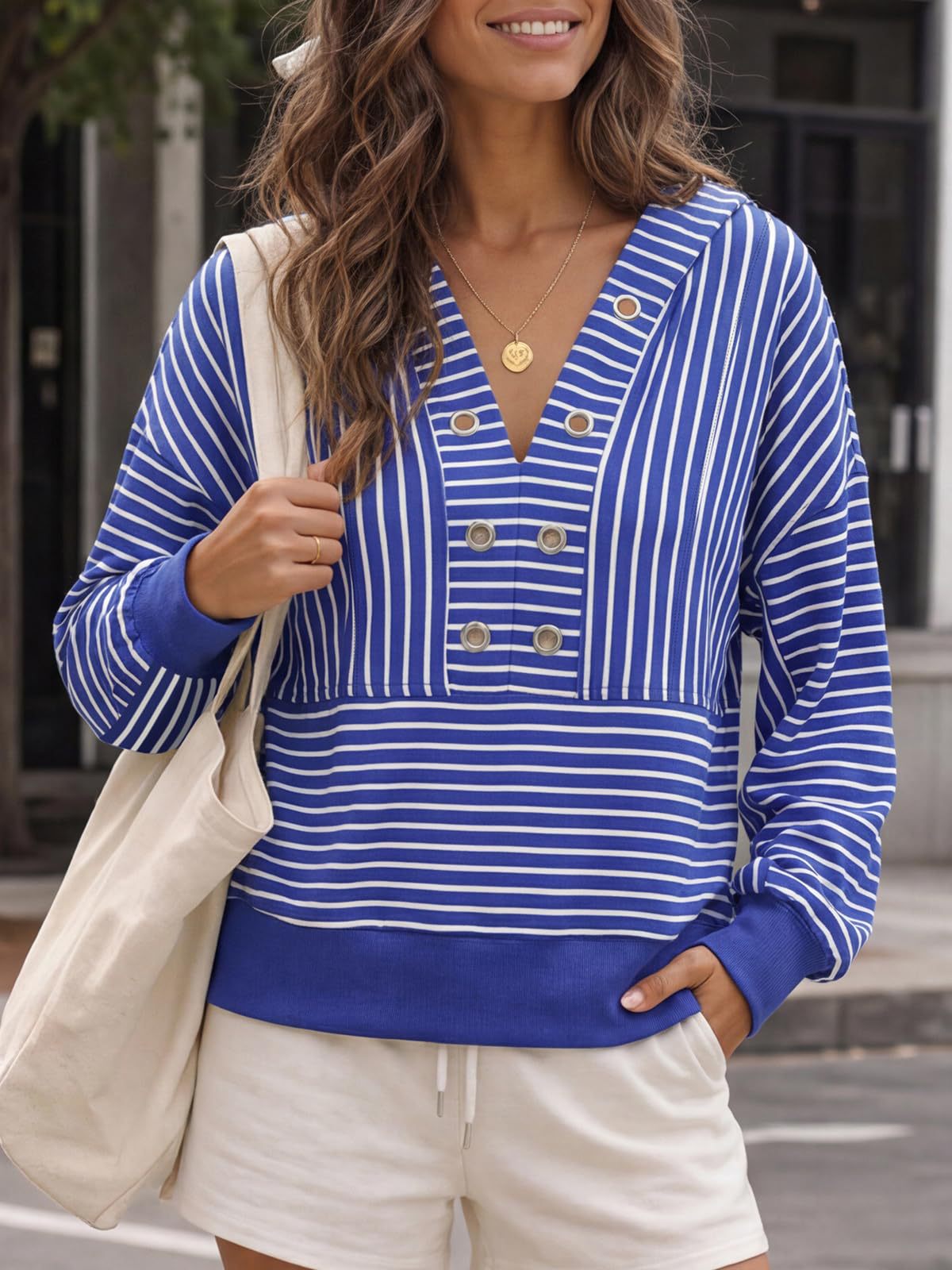 Women's Oversized Striped Cropped Hoodie V Neck Long Sleeve