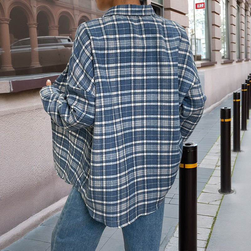 Plaid Button Down Long Sleeve Loose Casual Shirt Jacket
