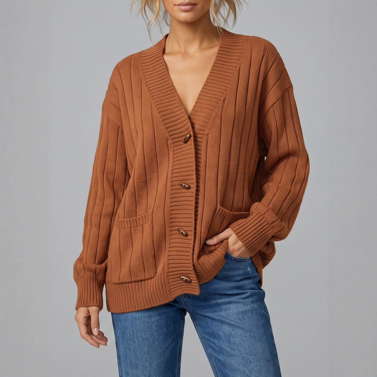 Women's Oversized Ribbed Cardigan Sweater Pockets