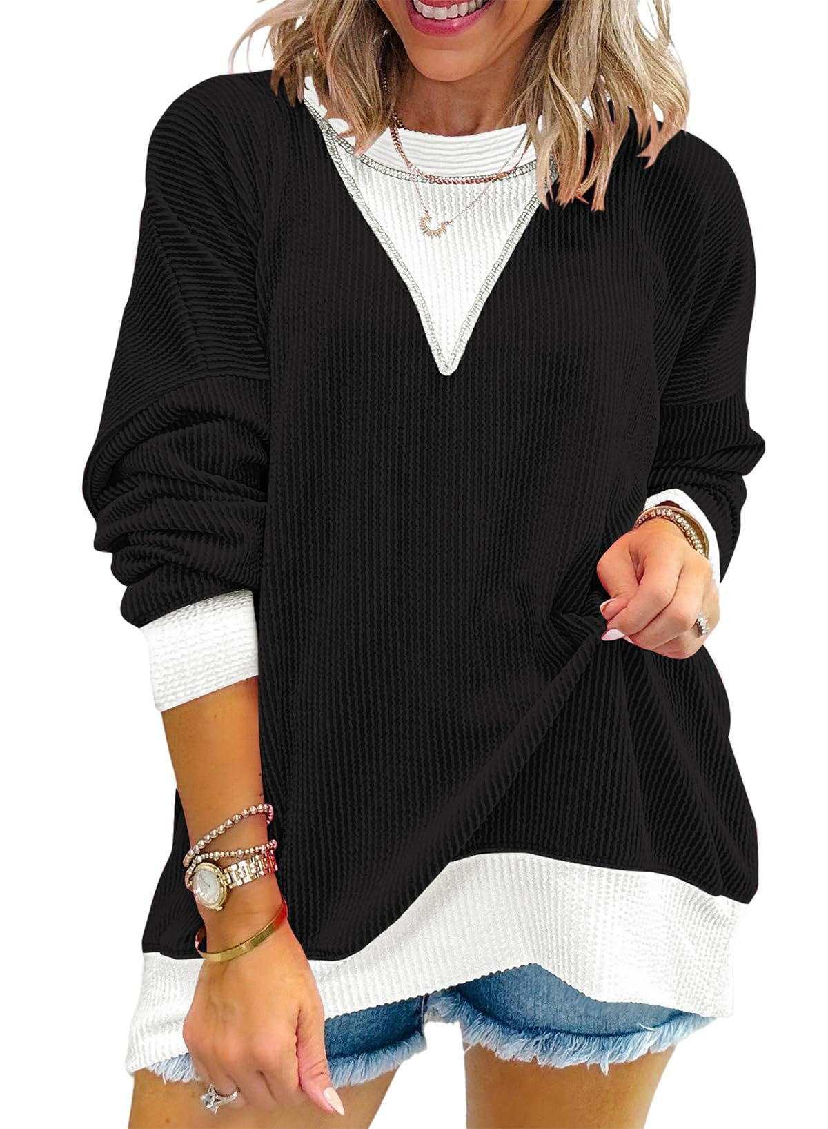 Colorblock Top Casual Waffle V-Neck Oversized