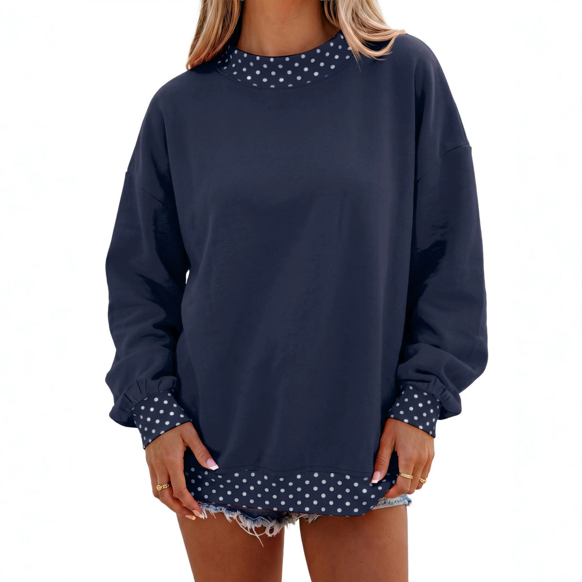 Women's Oversized Fleece Polka Dot Trim Sweatshirt
