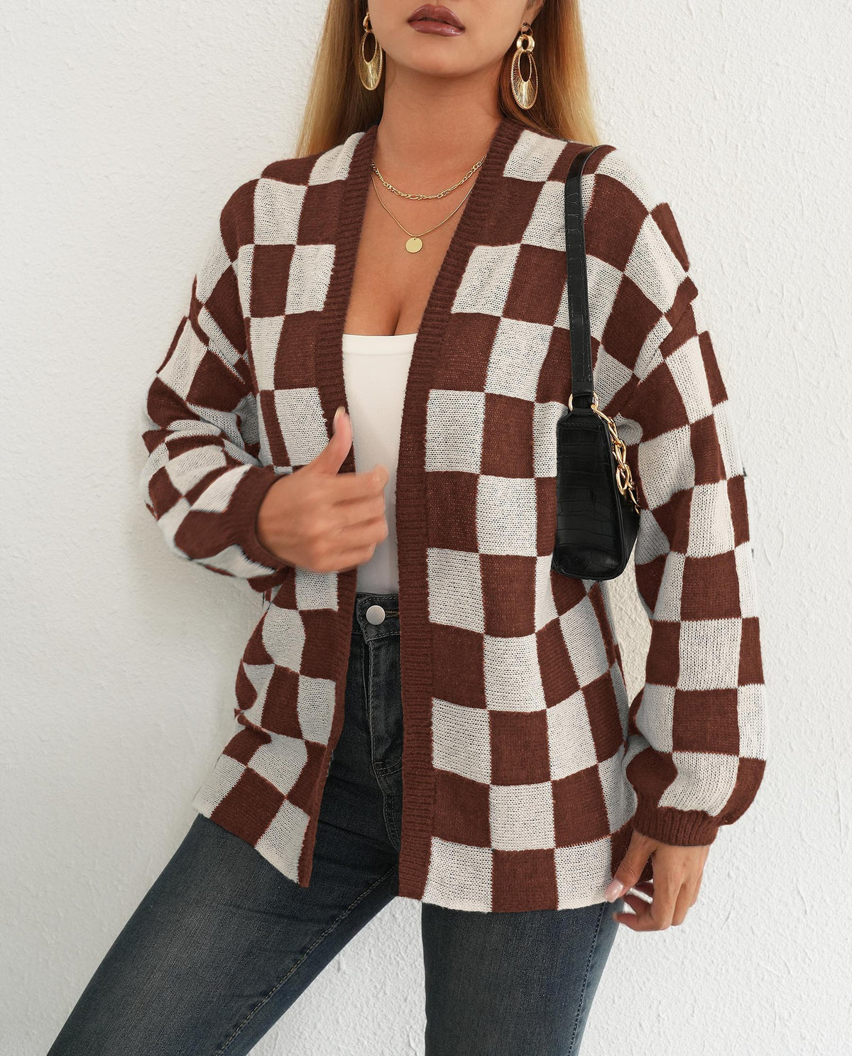 Women's Checkered Cardigan Color Block Knit Open Front