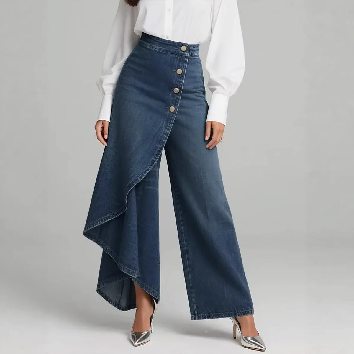 Solid Denim Wide Leg Pants Asymmetric Wrap High Waist Jeans