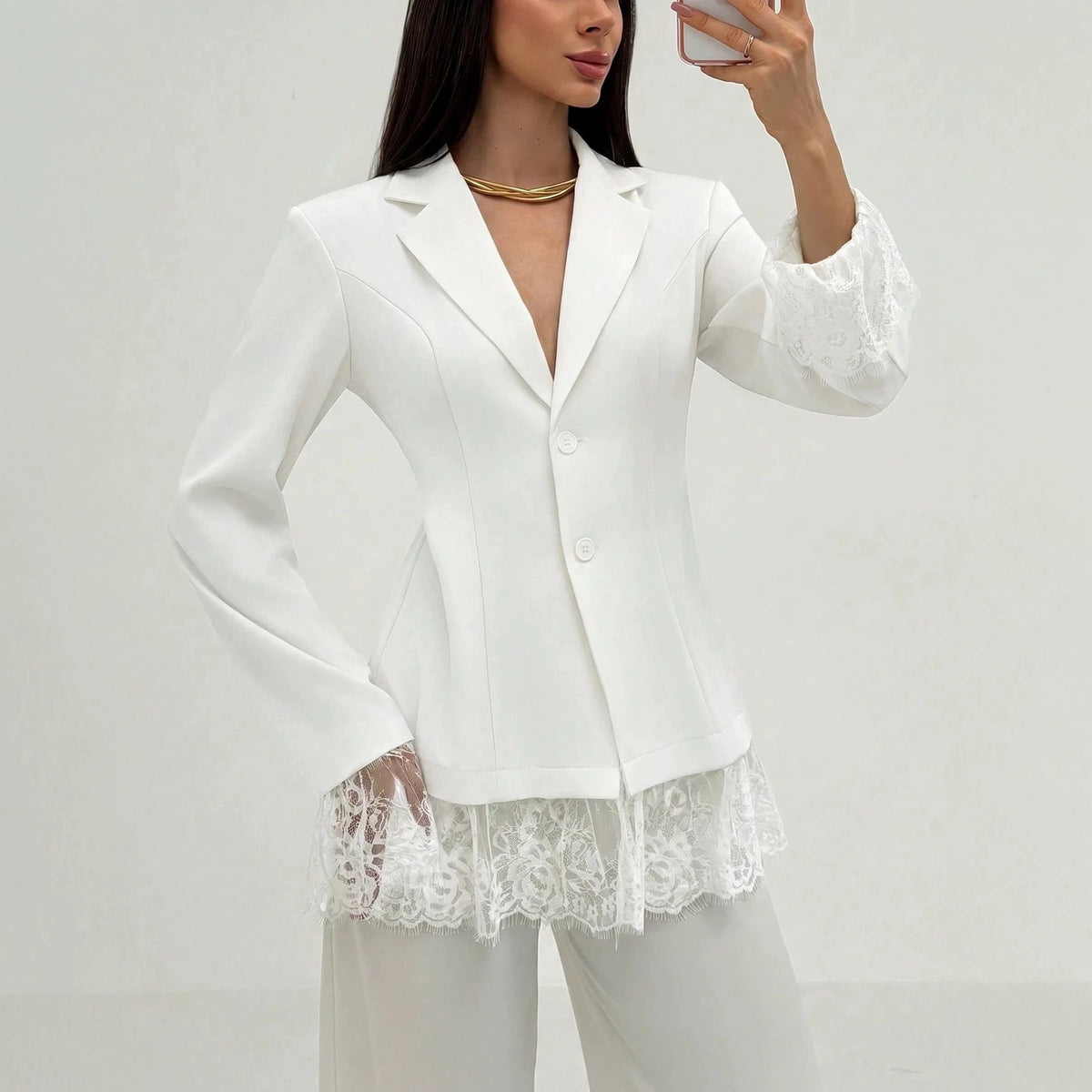Women's Lace Trim Blazer Long Sleeve Button Front Jacket
