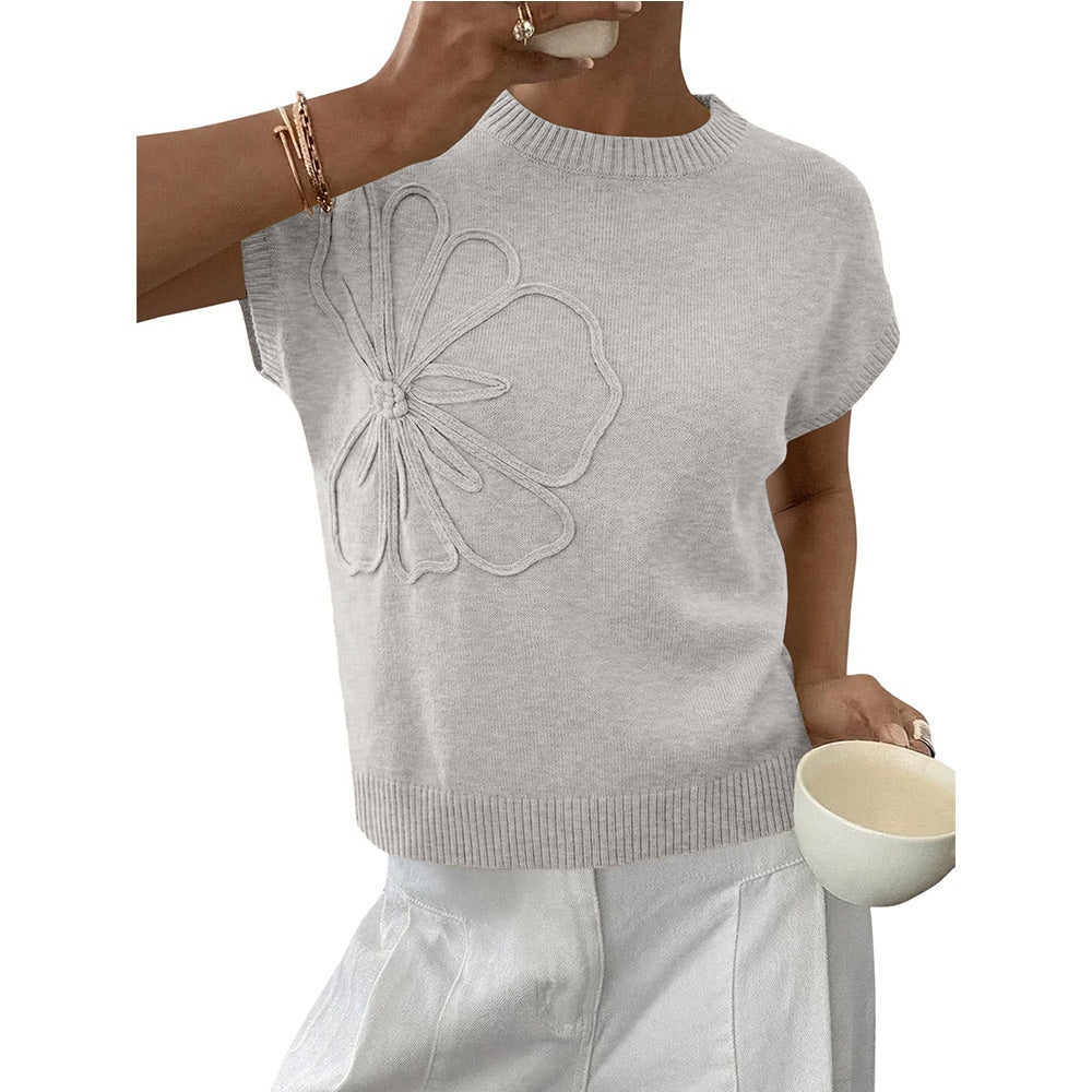 Womens 3D Floral Knit Top Short Sleeve Pullover