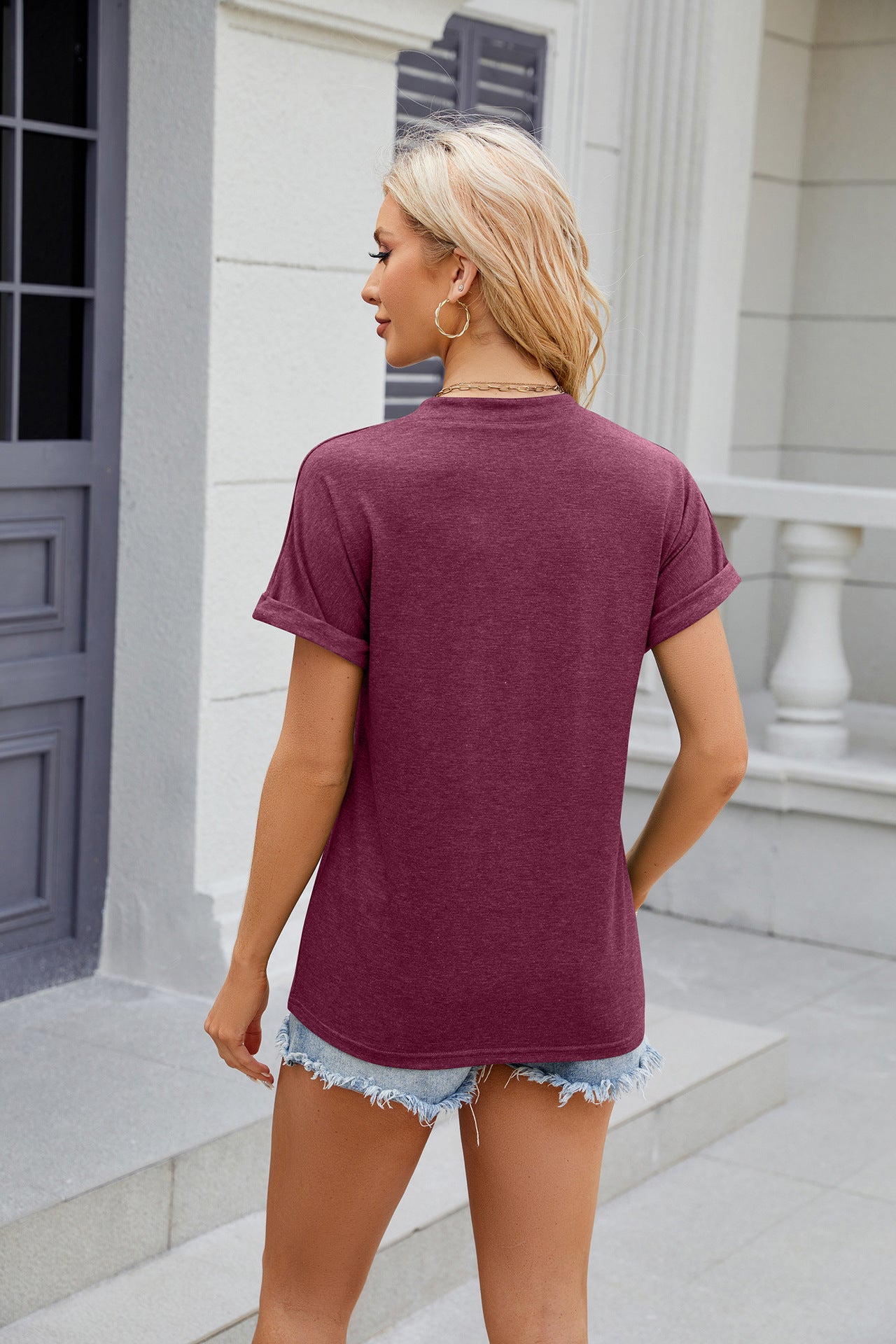Women's Casual Short Sleeve T Shirts Summer Button V Neck Tops