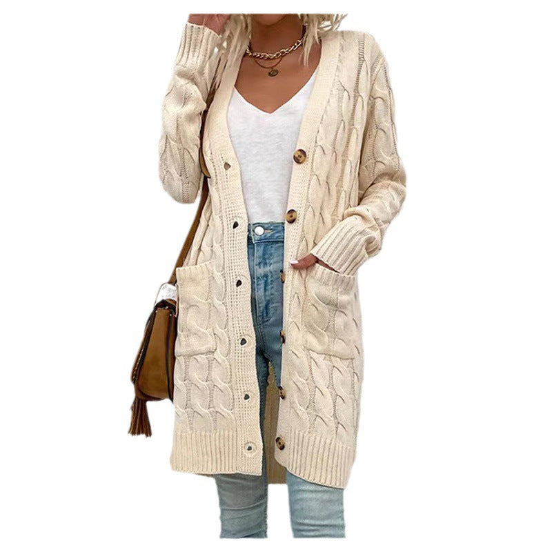 Women's Long Cable Knit Cardigan Button Down Pockets