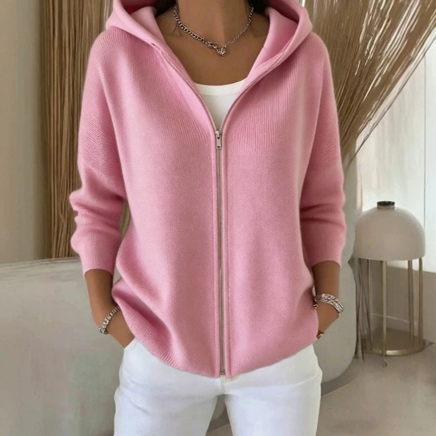 Hooded Zip Up Drop Shoulder Knit Cardigan