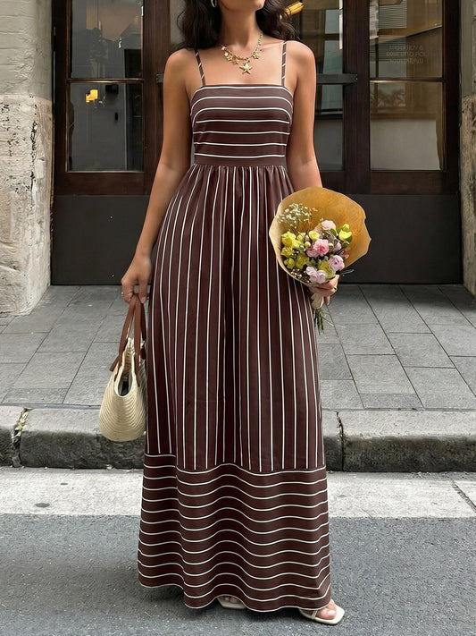 Striped Polyester Maxi Dress Resort Spaghetti Strap