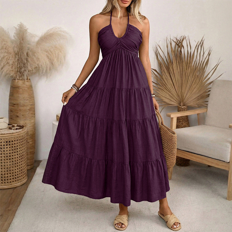 Women’s Halter V Neck Tiered Maxi Dress Backless