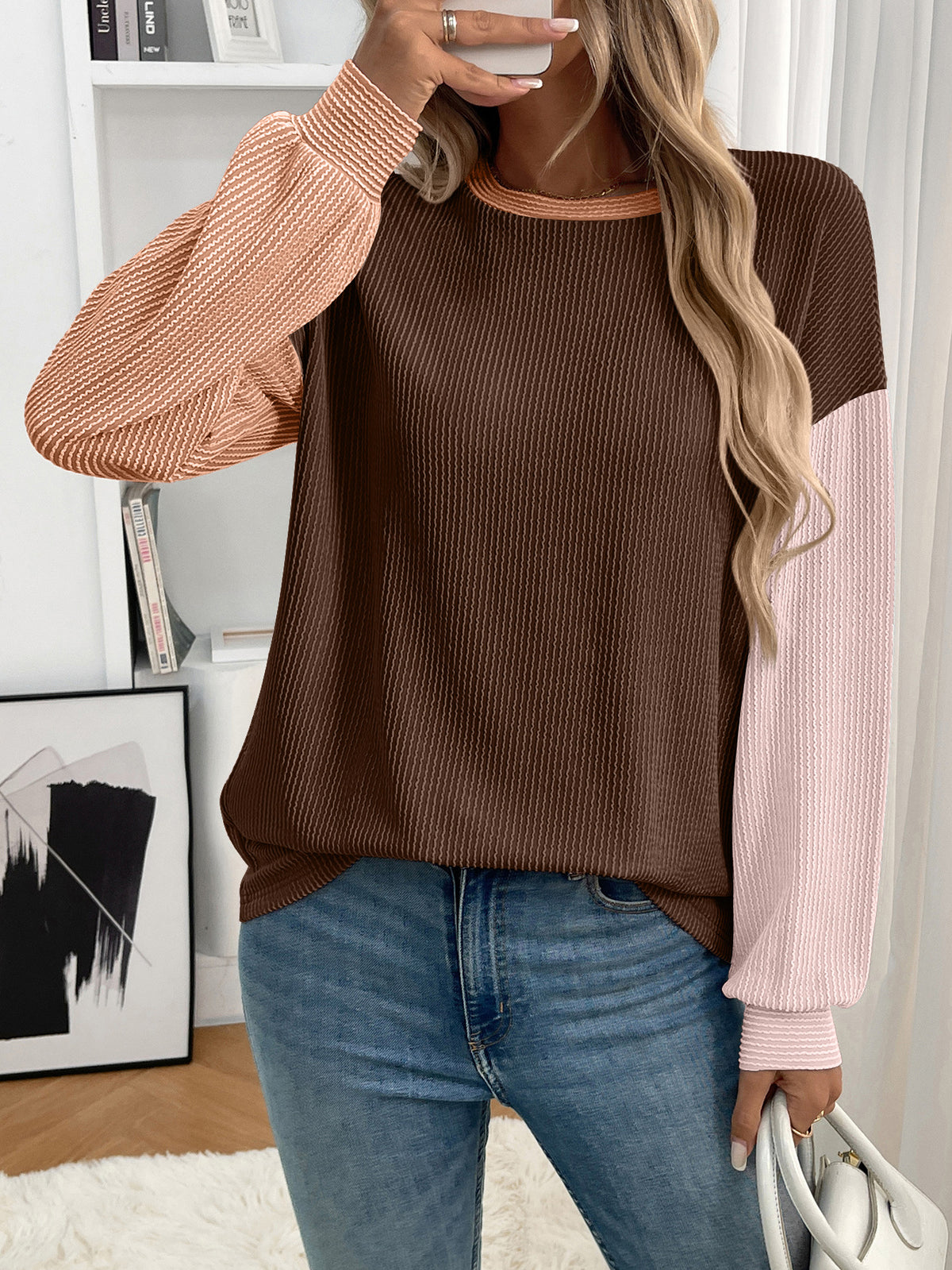 Women's Color Block Oversized Crewneck Pullover Top