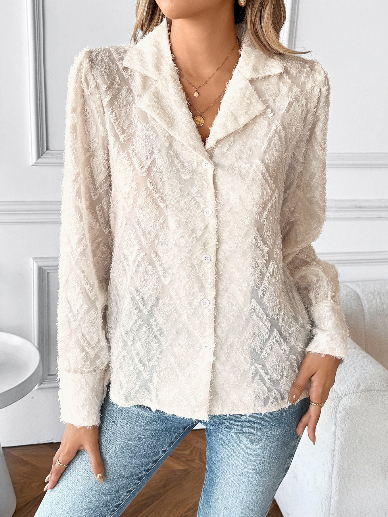 Jacquard Polyester Blouse Elegant Button Front Shirt