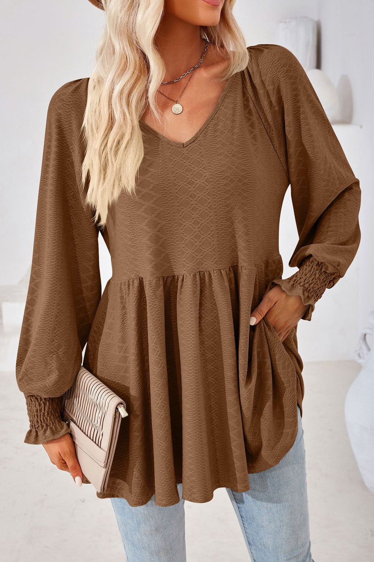 Women's V Neck Long Sleeve Textured Babydoll Tunic Top