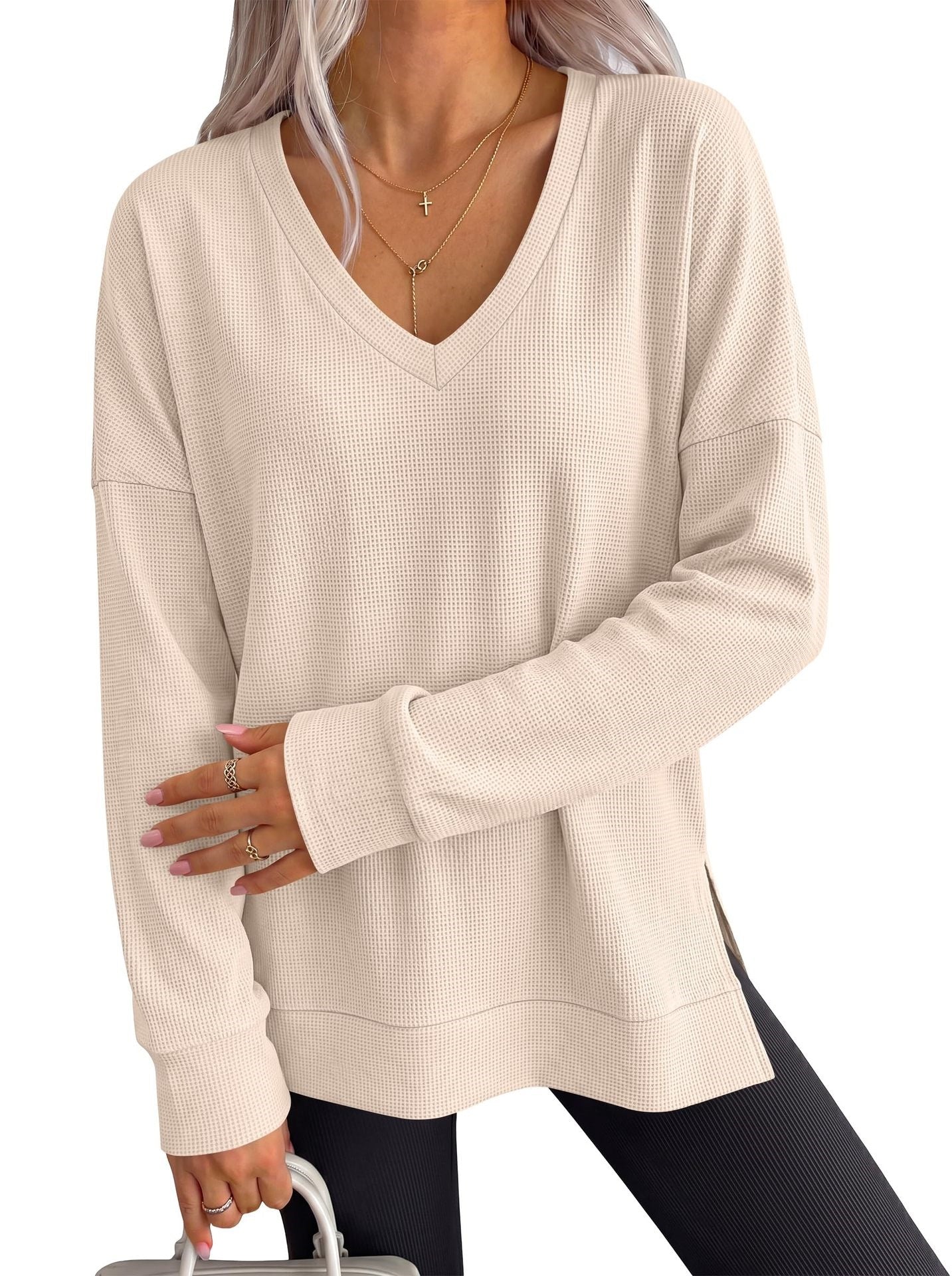 Waffle Knit V Neck Top Relaxed Long Sleeve