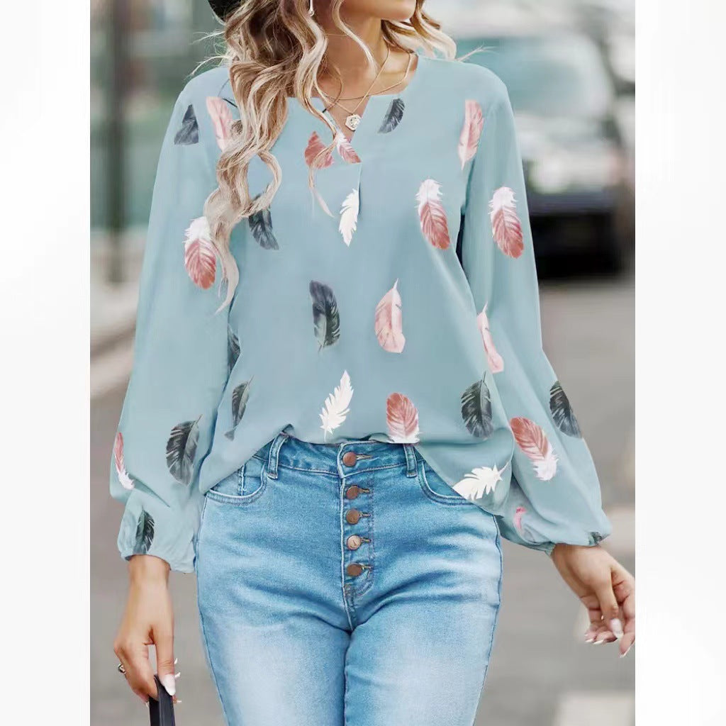 Women's Feather Print V-Neck Long Sleeve Blouse