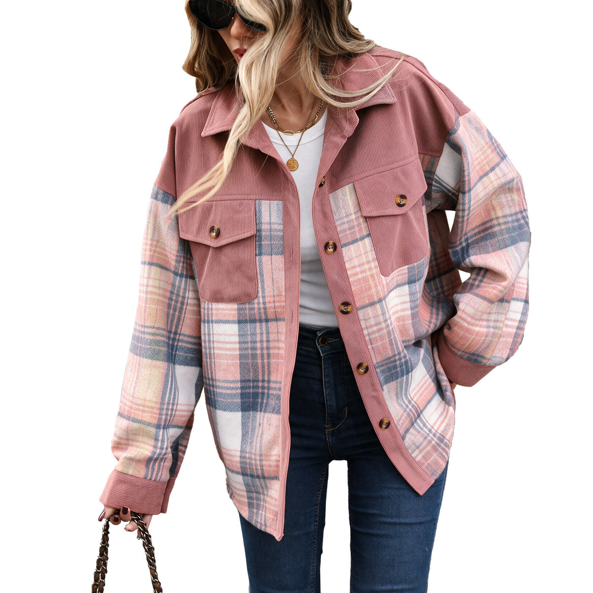 Women's Oversized Plaid Corduroy Shacket Button Down